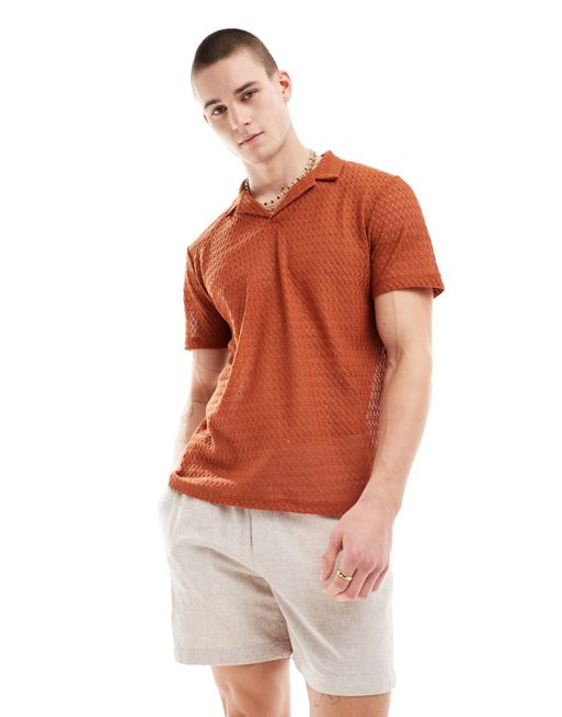 FhyzicsShops DESIGN - Poloshirt met gehaakte textuur in oranje