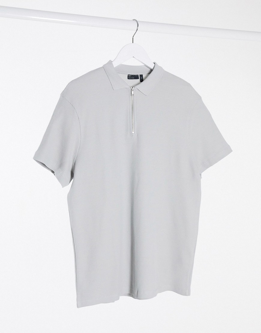 ASOS DESIGN - Poloshirt met korte mouwen, wafeltextuur en rits in grijs