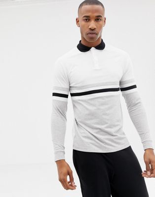 ASOS DESIGN - Poloshirt met lange mouwen, contrasterende body en panelen op de mouwen in wit