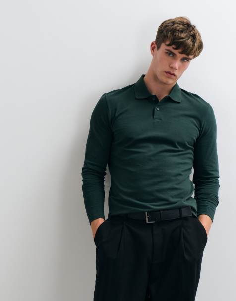 ASOS DESIGN poloshirt met lange mouwen in donkergroen piqué - view 1