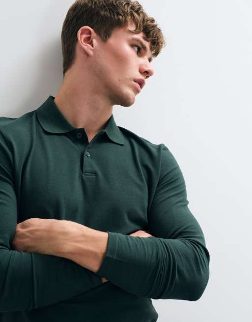 ASOS DESIGN poloshirt met lange mouwen in donkergroen piqué, 4 van 5