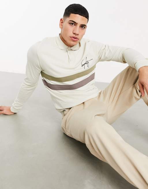 ASOS Design - Poloshirt met lange mouwen, inzetstukken en borduursel op borst