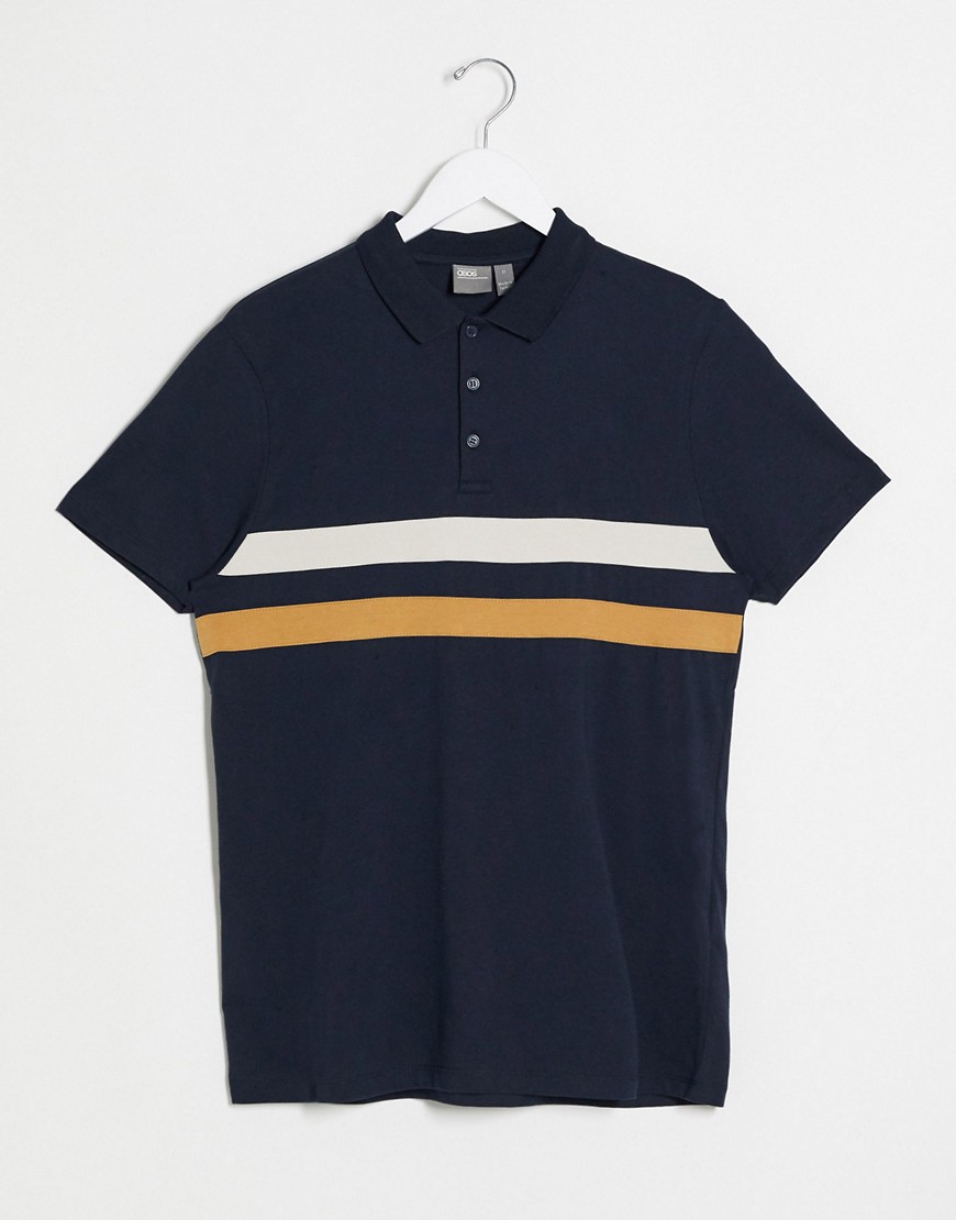 ASOS DESIGN - Poloshirt met strepen op de borst in marineblauw