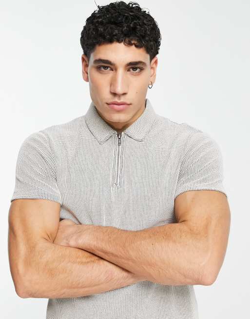ASOS DESIGN - Poloshirt met wafelstructuur en rits in beige