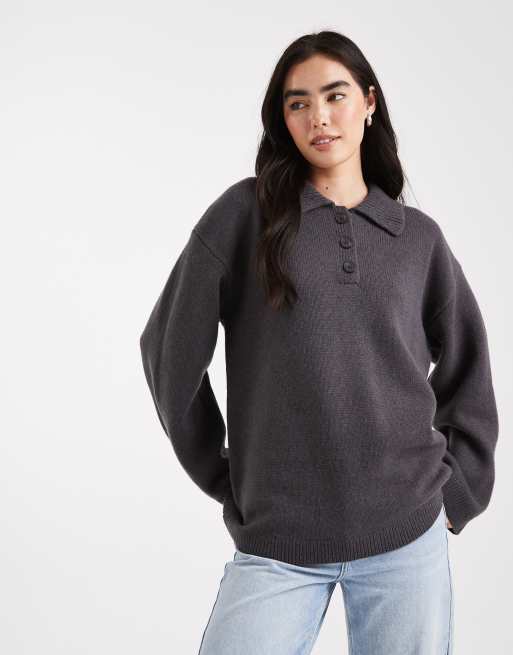 ASOS DESIGN - Poloshirt van lamswol in antracietgrijs