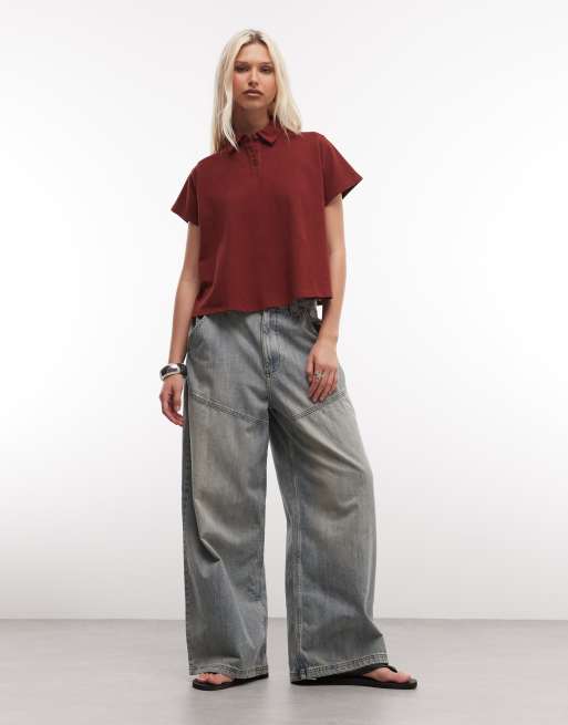 ASOS DESIGN - Polotop met A-lijn en korte mouwen in bordeauxrood, 2 van 4