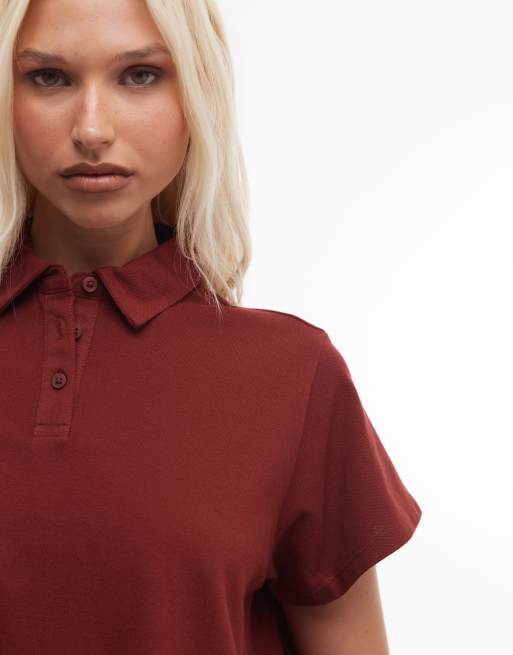 ASOS DESIGN - Polotop met A-lijn en korte mouwen in bordeauxrood, 3 van 4
