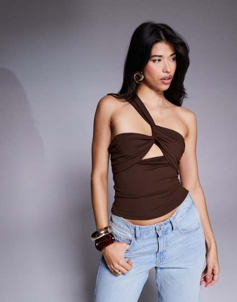 ASOS DESIGN – Polyamid-Oberteil in Schokobraun mit überkreuztem Neckholder - view 1