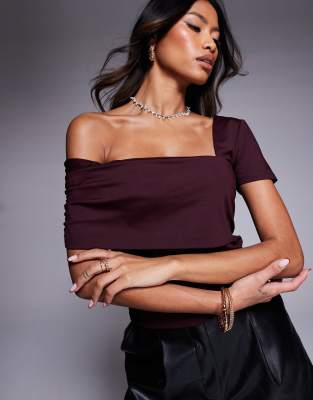 Asos Design Polyamide Asymmetric Top With Cap Sleeve In Plum-red
