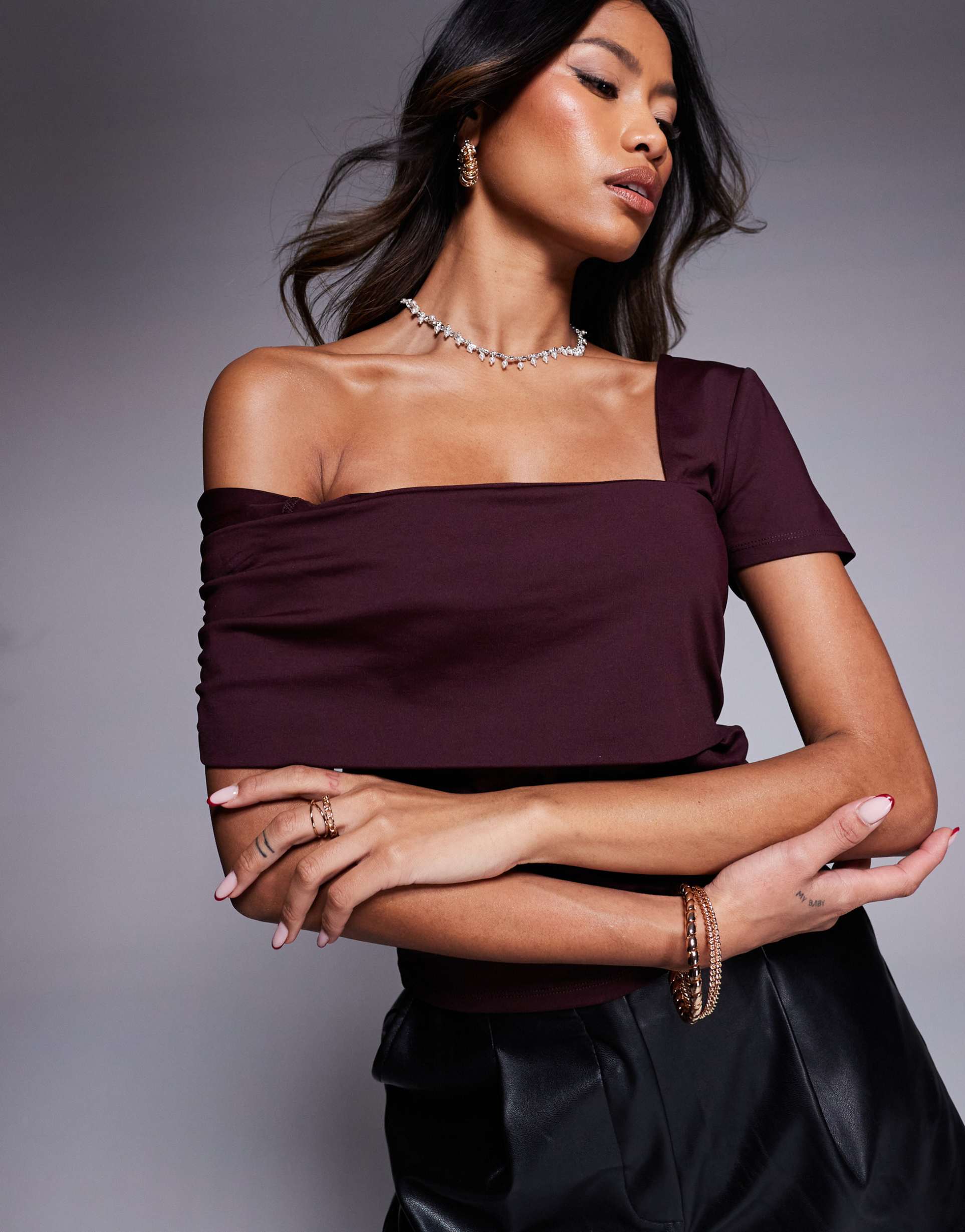 asos design polyamide asymmetric top with cap sleeve in plum