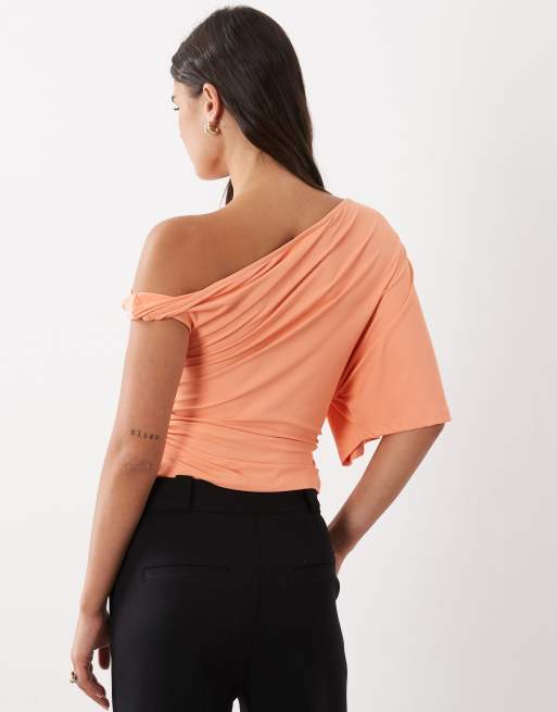 ASOS DESIGN polyamide asymmetrical floaty sleeve top in peachy pink, 2 of 4