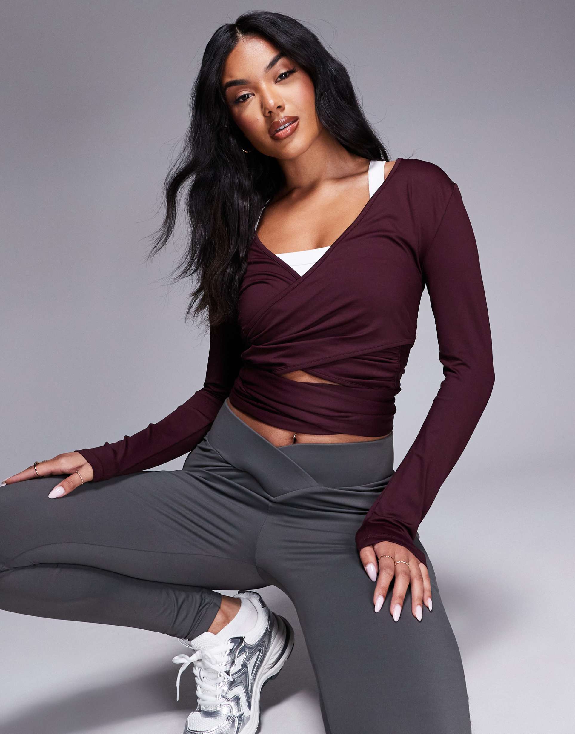 asos design polyamide ballet wrap top in plum