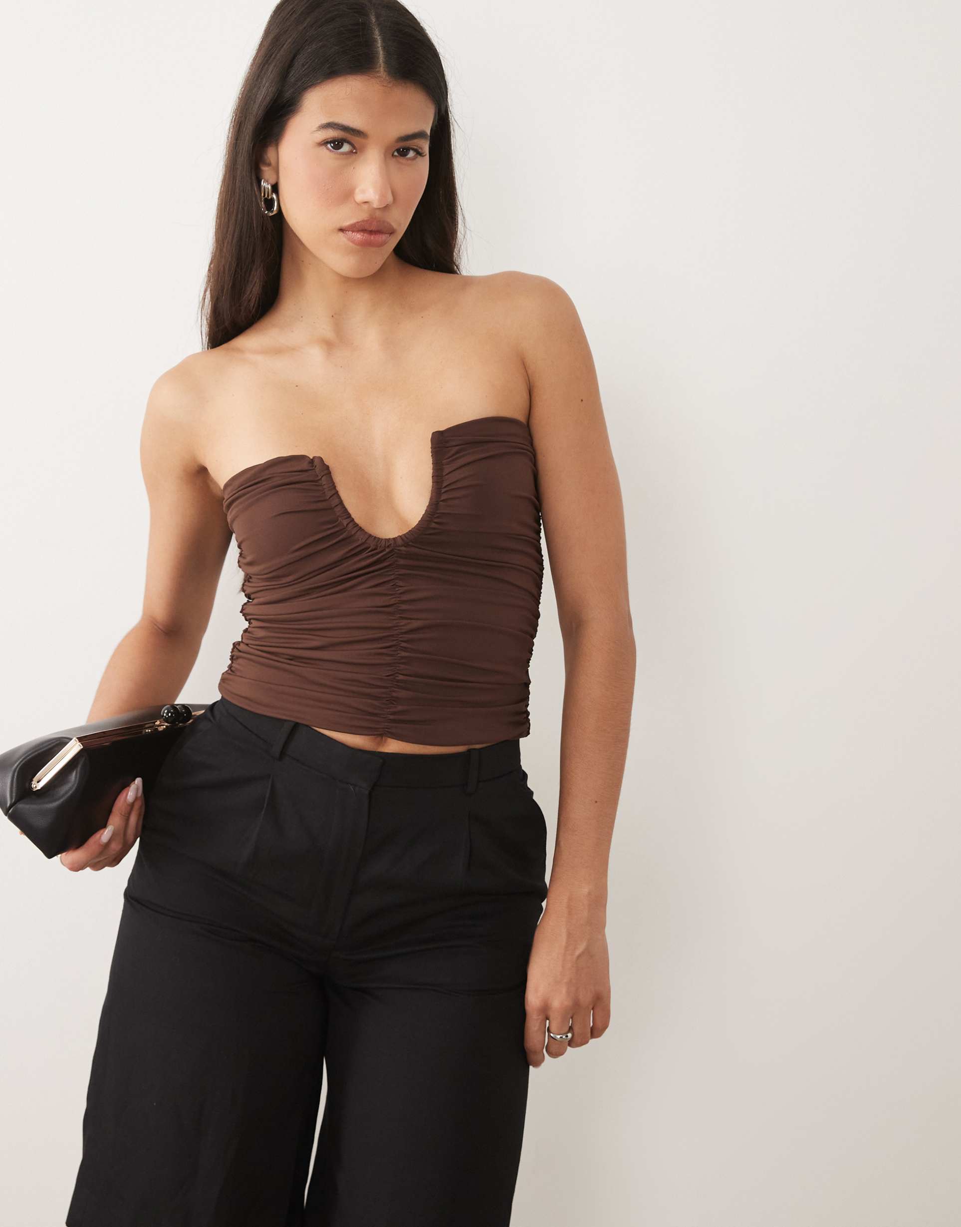 asos design polyamide bandeau top with u scoop in brown