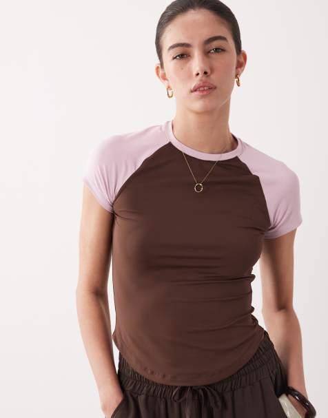 ASOS DESIGN polyamide baseball baby tee in brown and pink - view 1