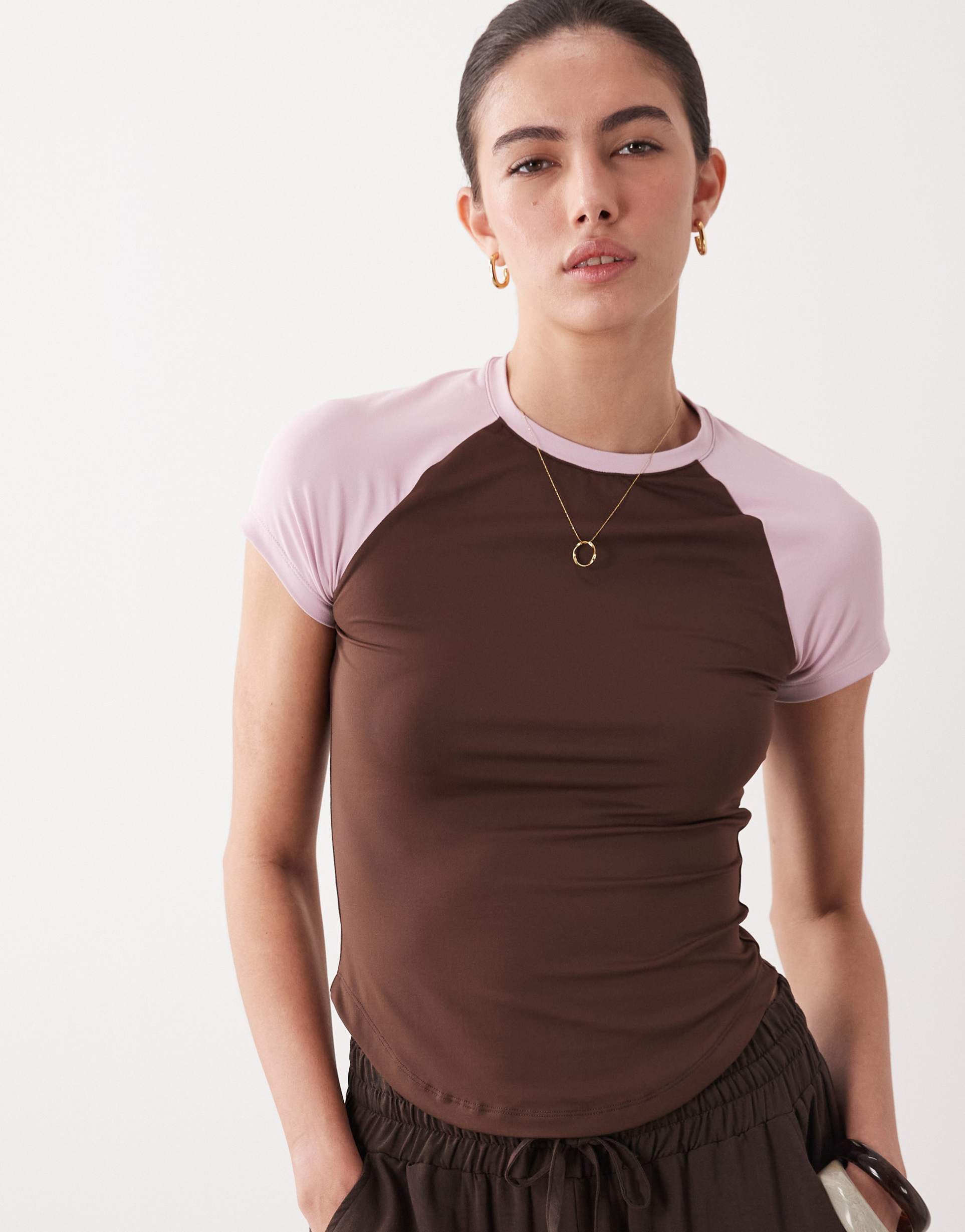 asos design polyamide baseball baby tee in brown and pink