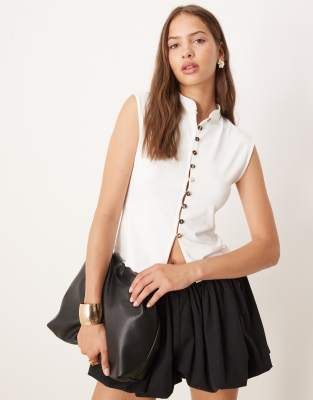 Asos Design Polyamide Button Through Grown-on Sleeve Top In White