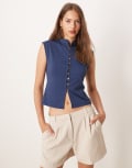 [ASOS DESIGN] ASOS DESIGN polyamide button-through grown-on sleeve top in navy S Navy