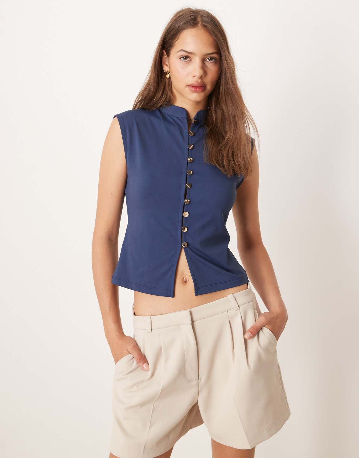 ASOS DESIGN polyamide button through grown on sleeve top in navy