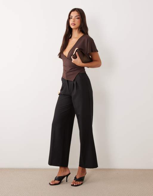 ASOS DESIGN polyamide cinched flutter sleeve wrap top in brown, 2 of 4