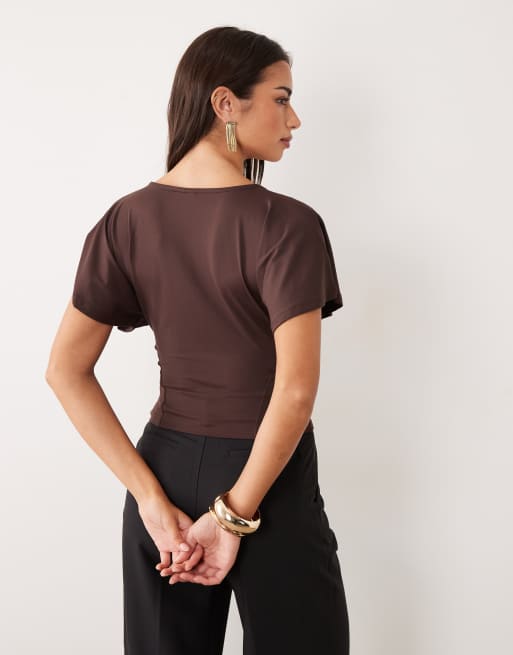 ASOS DESIGN polyamide cinched flutter sleeve wrap top in brown, 3 of 4