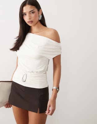ASOS DESIGN polyamide cinched waist top with hardware in cream