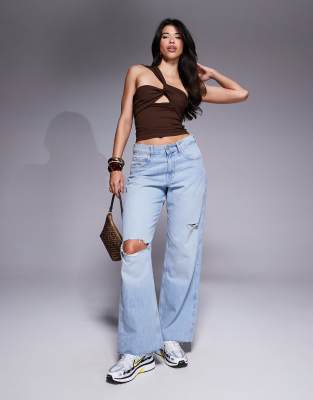 Asos Design Polyamide Cross Over Halter Top In Brown