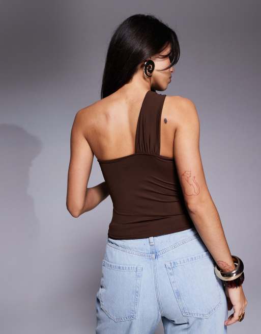 ASOS DESIGN polyamide cross over halter top in chocolate