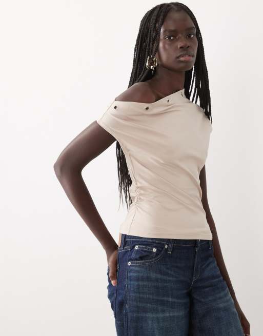 ASOS DESIGN polyamide eyelet detail off the shoulder top in cream, 3 of 4