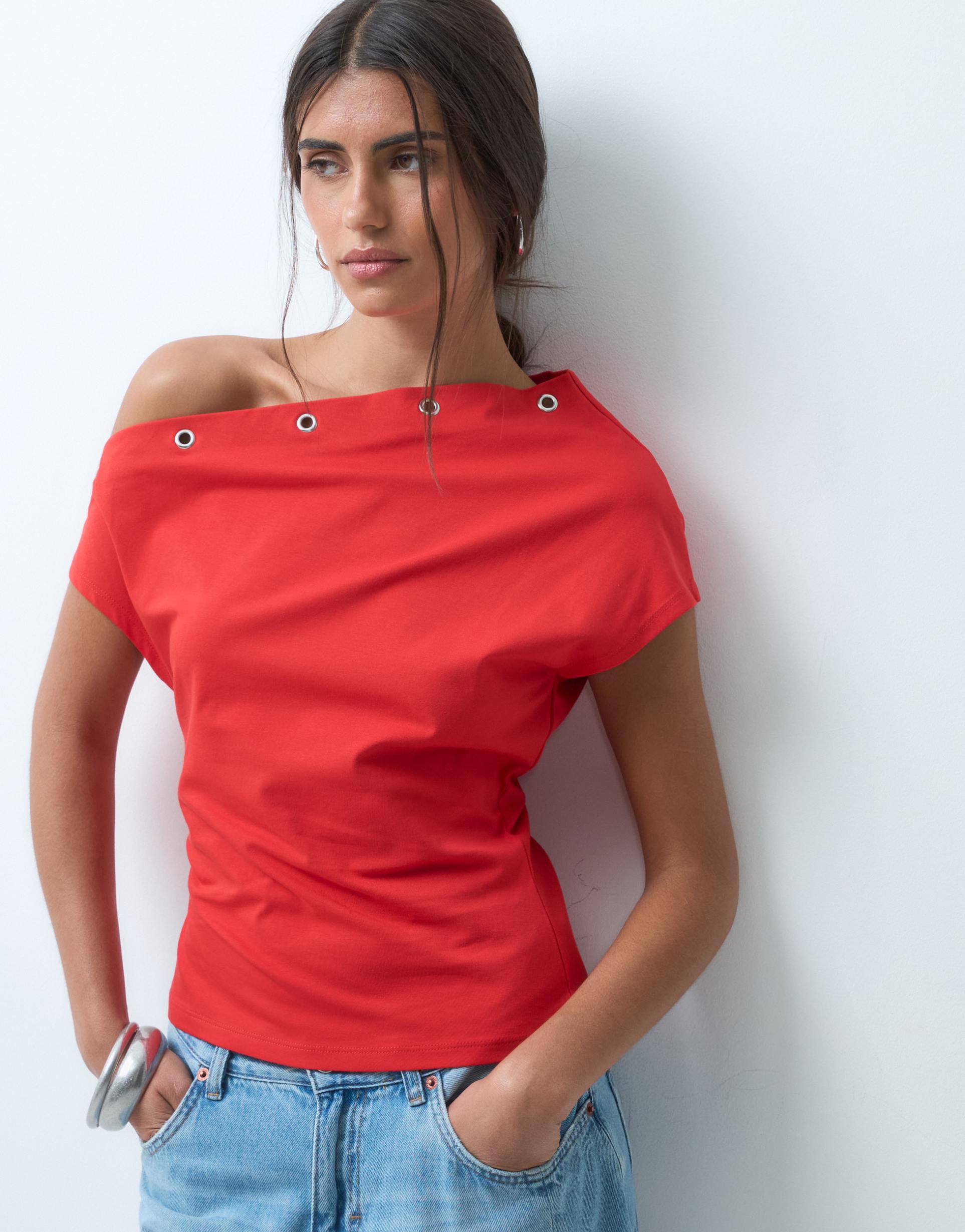 asos design polyamide grommet detailing off the shoulder top in red