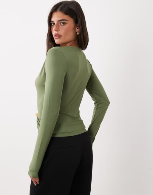 ASOS DESIGN polyamide hardware wrap top in olive, 2 of 4
