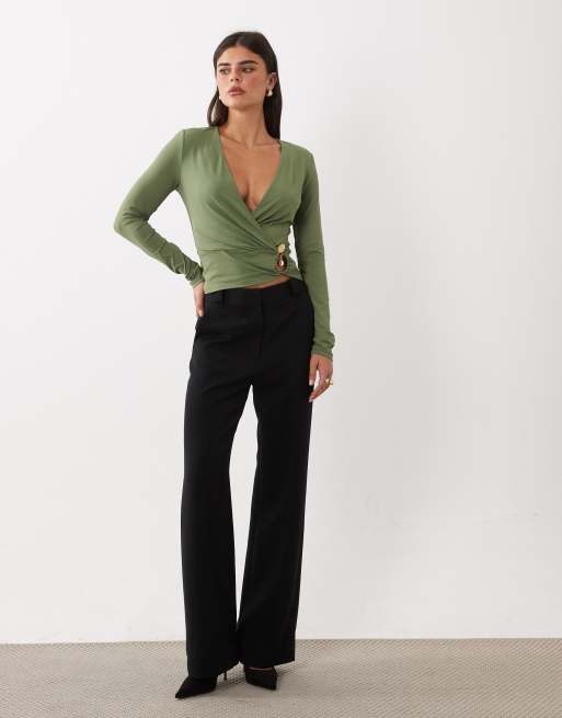 ASOS DESIGN polyamide hardware wrap top in olive, 3 of 4