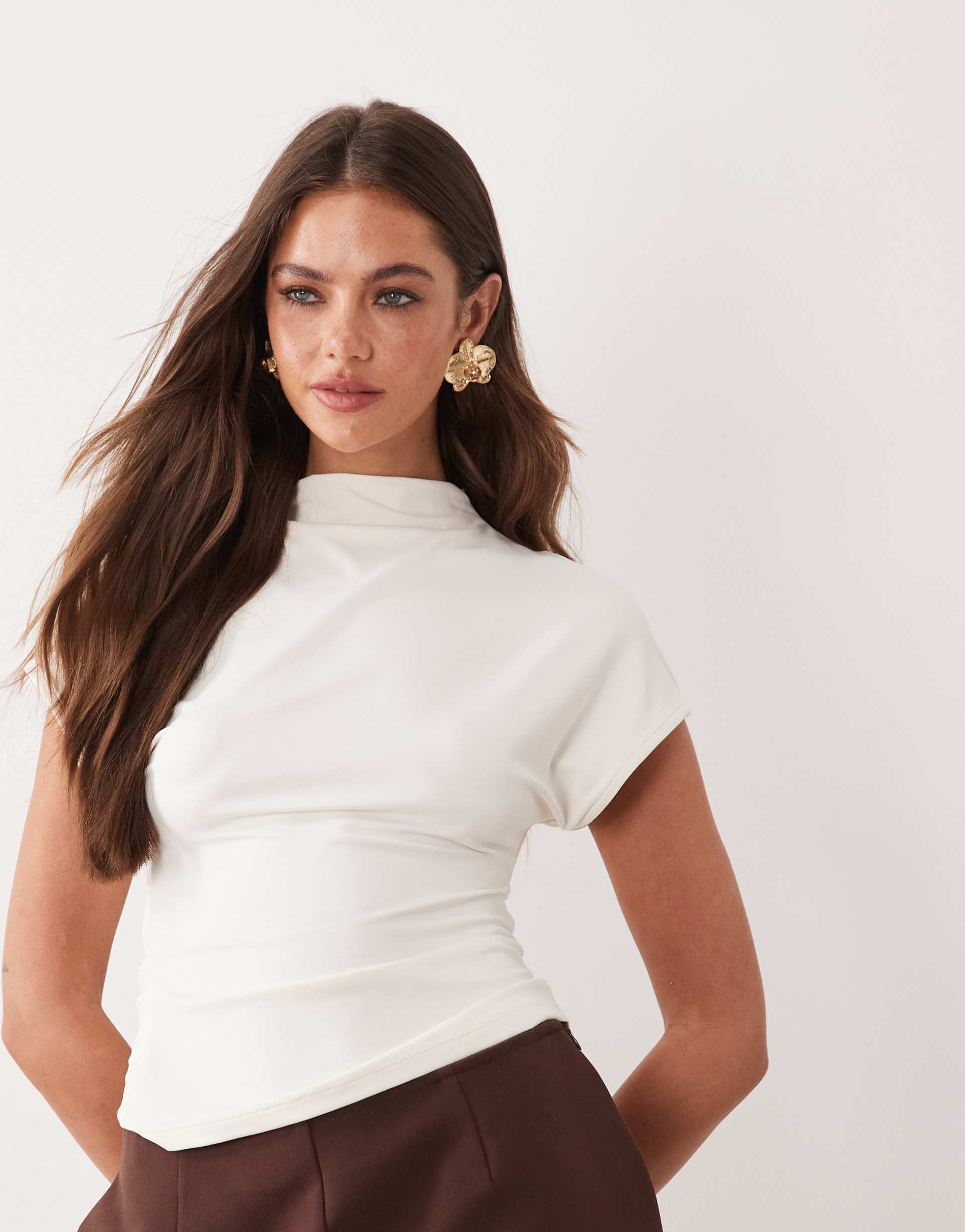 asos design polyamide high neck cap sleeve hardware back top in cream