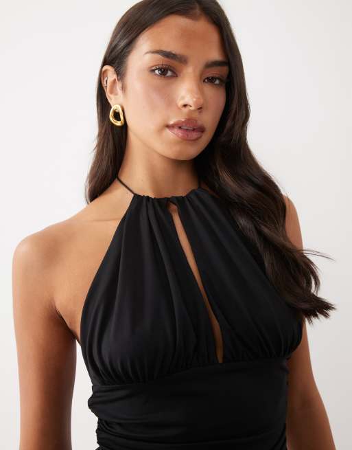 ASOS DESIGN polyamide high neck cinched waist halter top in black, 3 of 4