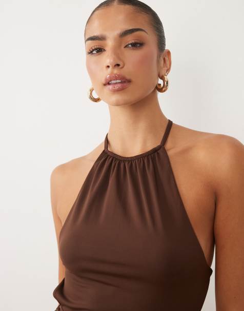 ASOS DESIGN polyamide high neck cut away cinched halter top in chocolate - view 1