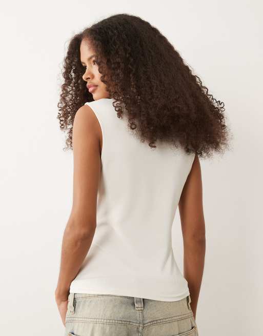 ASOS DESIGN polyamide high v detail top in cream, 4 of 4