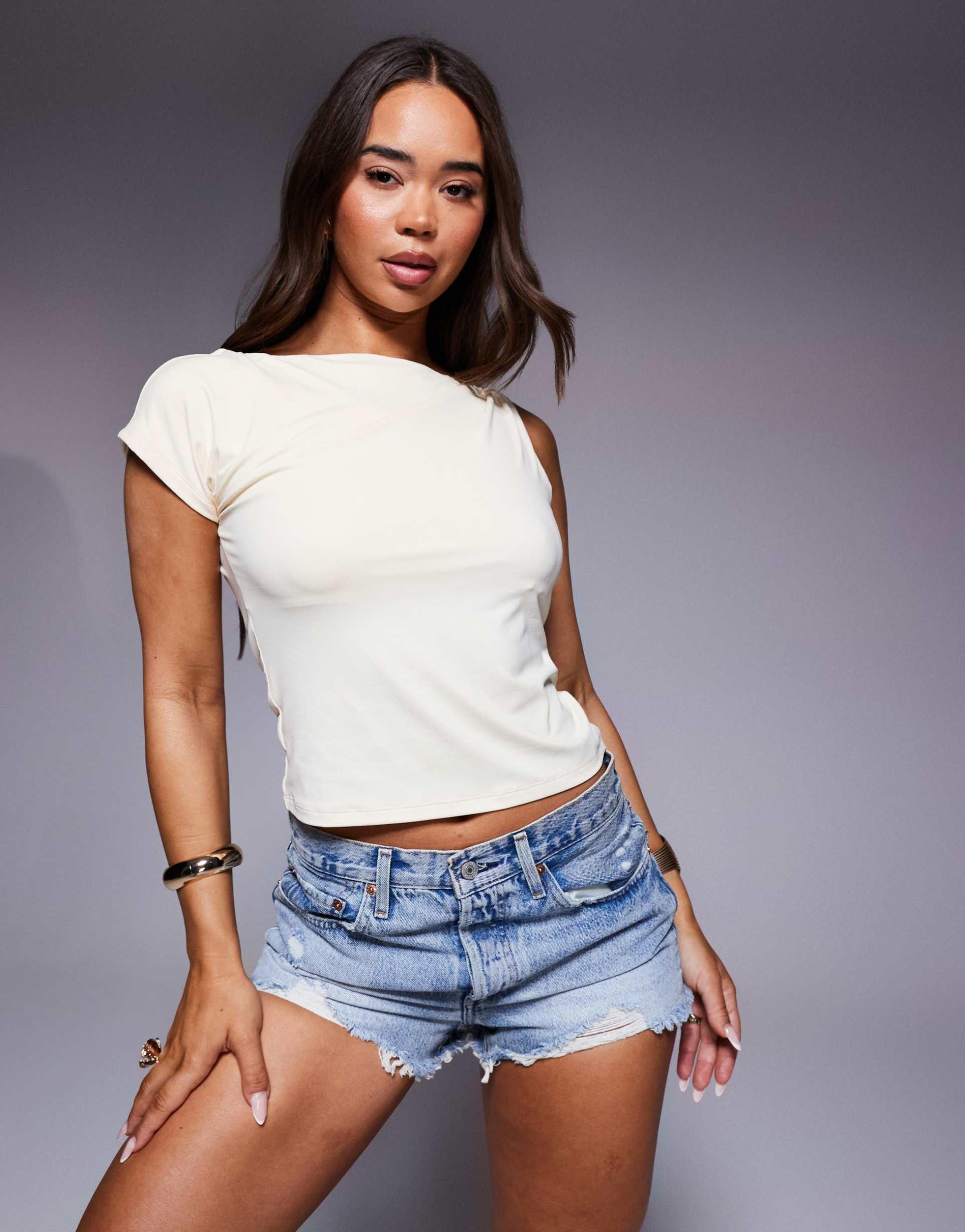 asos design polyamide knot shoulder detail asymmetric top in butter yellow