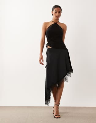 ASOS DESIGN polyamide lace trim asymmetric midi skirt in black