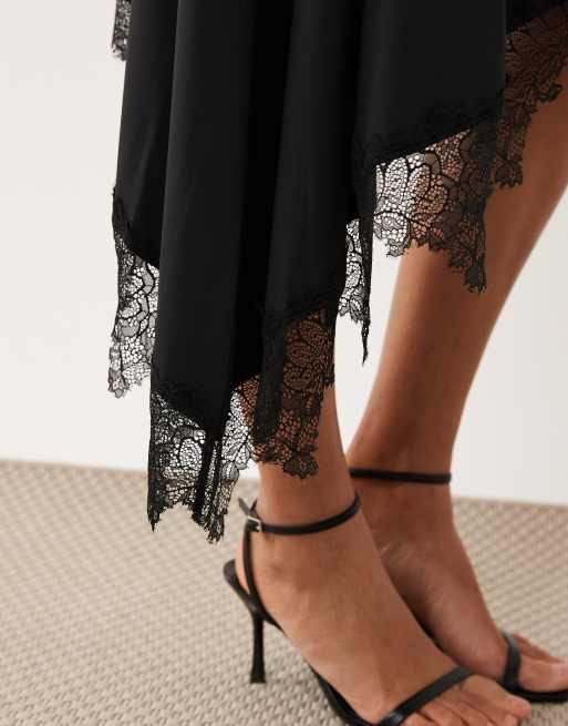ASOS DESIGN polyamide lace trim asymmetric midi skirt in black, 2 of 5