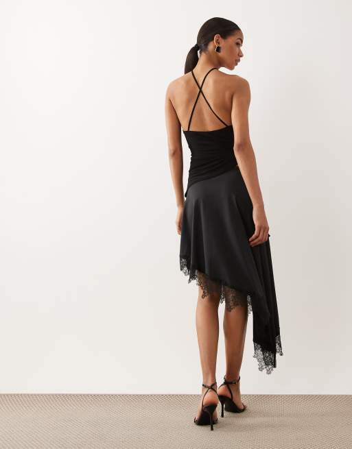 ASOS DESIGN polyamide lace trim asymmetric midi skirt in black, 3 of 5