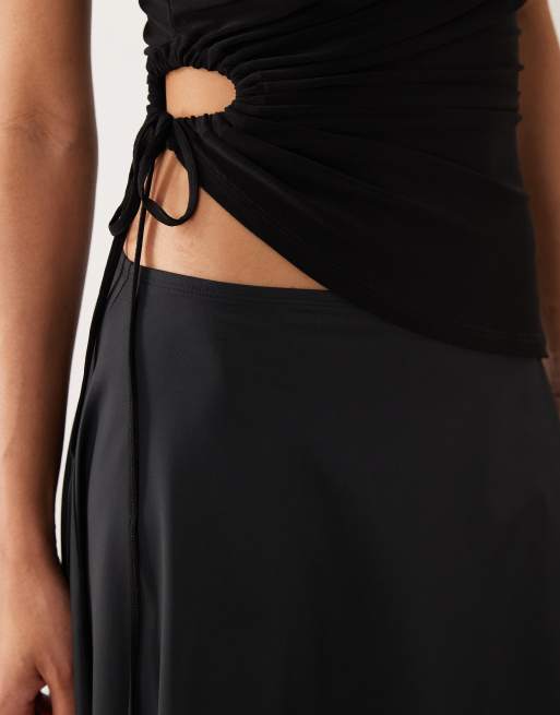 ASOS DESIGN polyamide lace trim asymmetric midi skirt in black, 4 of 5