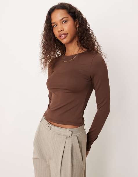 ASOS DESIGN polyamide long sleeve top in brown