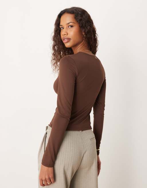 ASOS DESIGN polyamide long sleeve top in brown, 4 of 4