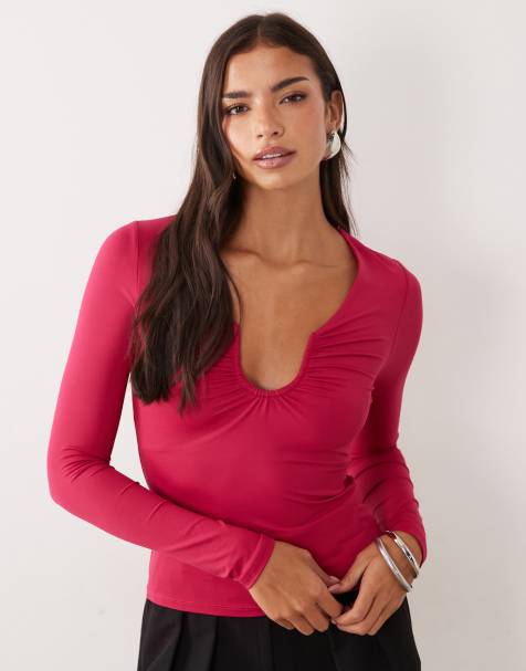 ASOS DESIGN polyamide long sleeve u-trim scooped neck top in cherry red