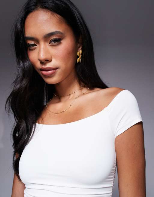 ASOS DESIGN polyamide off shoulder ruched top in ivory, 3 of 4