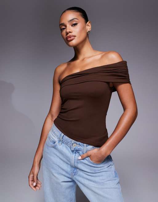 ASOS DESIGN polyamide one shoulder ruched top in brown