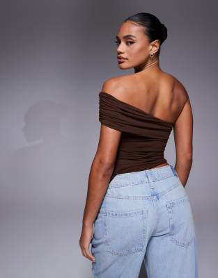 Asos Design Polyamide One Shoulder Ruched Top In Brown