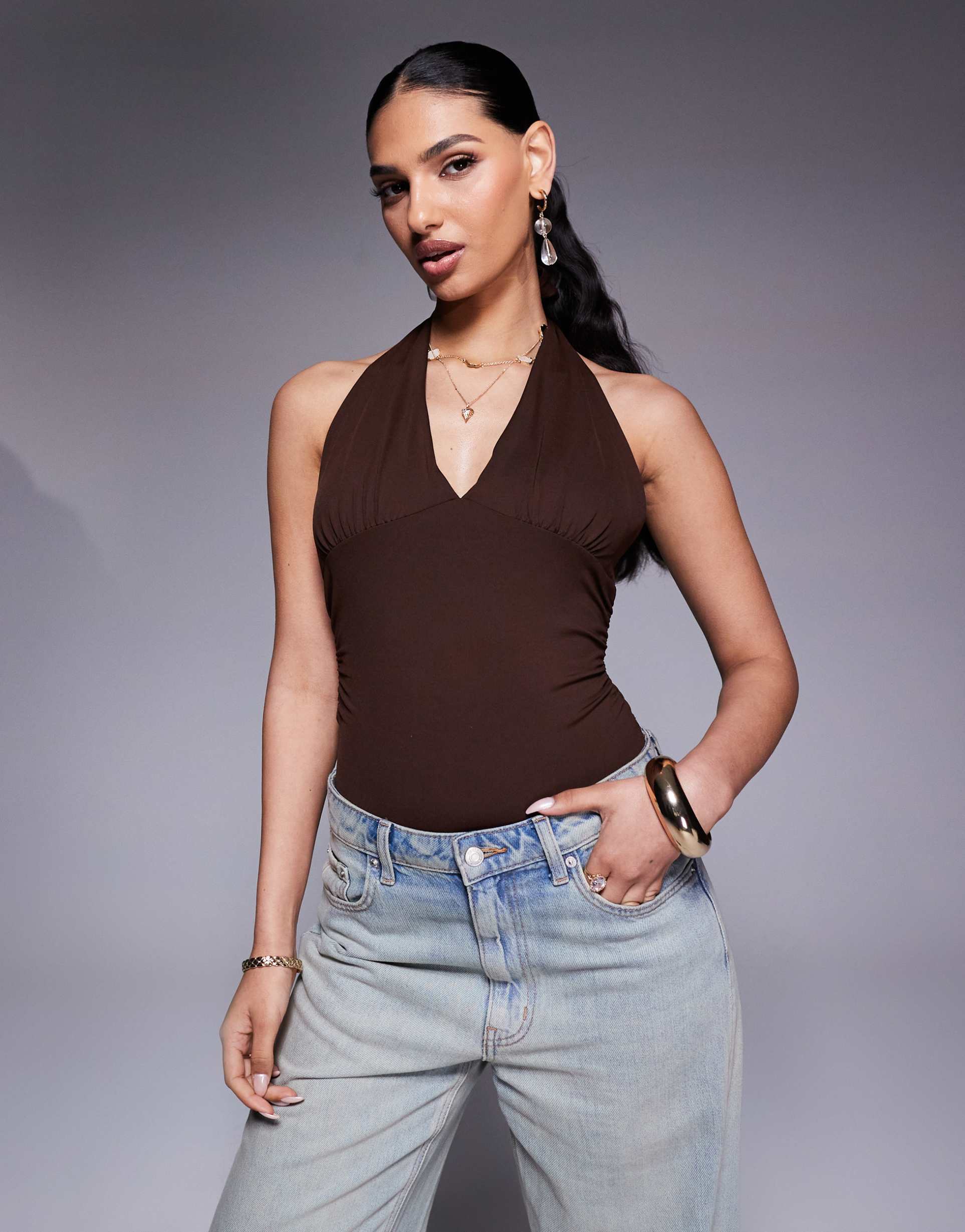 asos design polyamide plunge halter neck bodysuit in chocolate