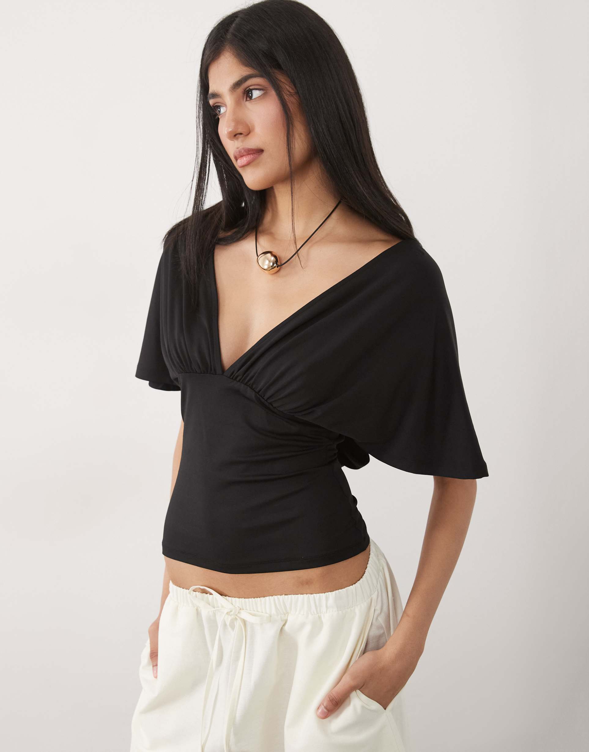 asos design polyamide plunge sleeveless tie back cinch top in black