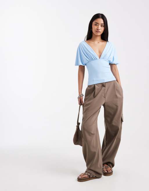 ASOS DESIGN polyamide plunge sleeveless tie back cinch top in blue