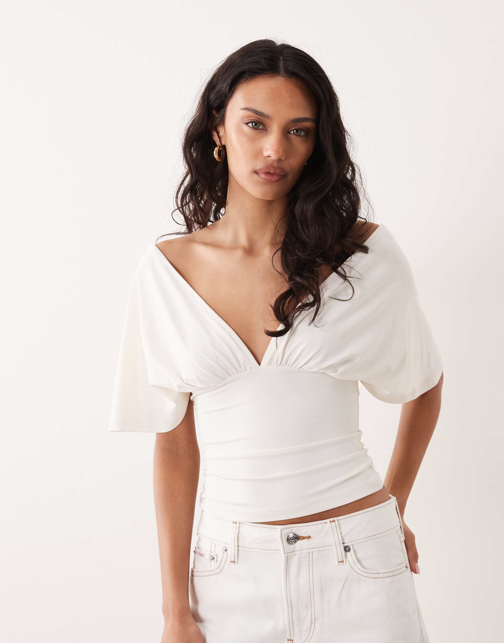 asos design polyamide plunge sleeveless tie back cinch top in cream
